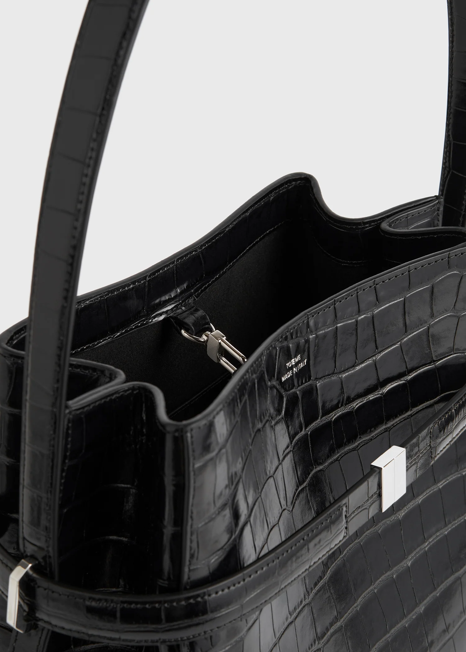 Belted croco-embossed bucket bag black - Image 7