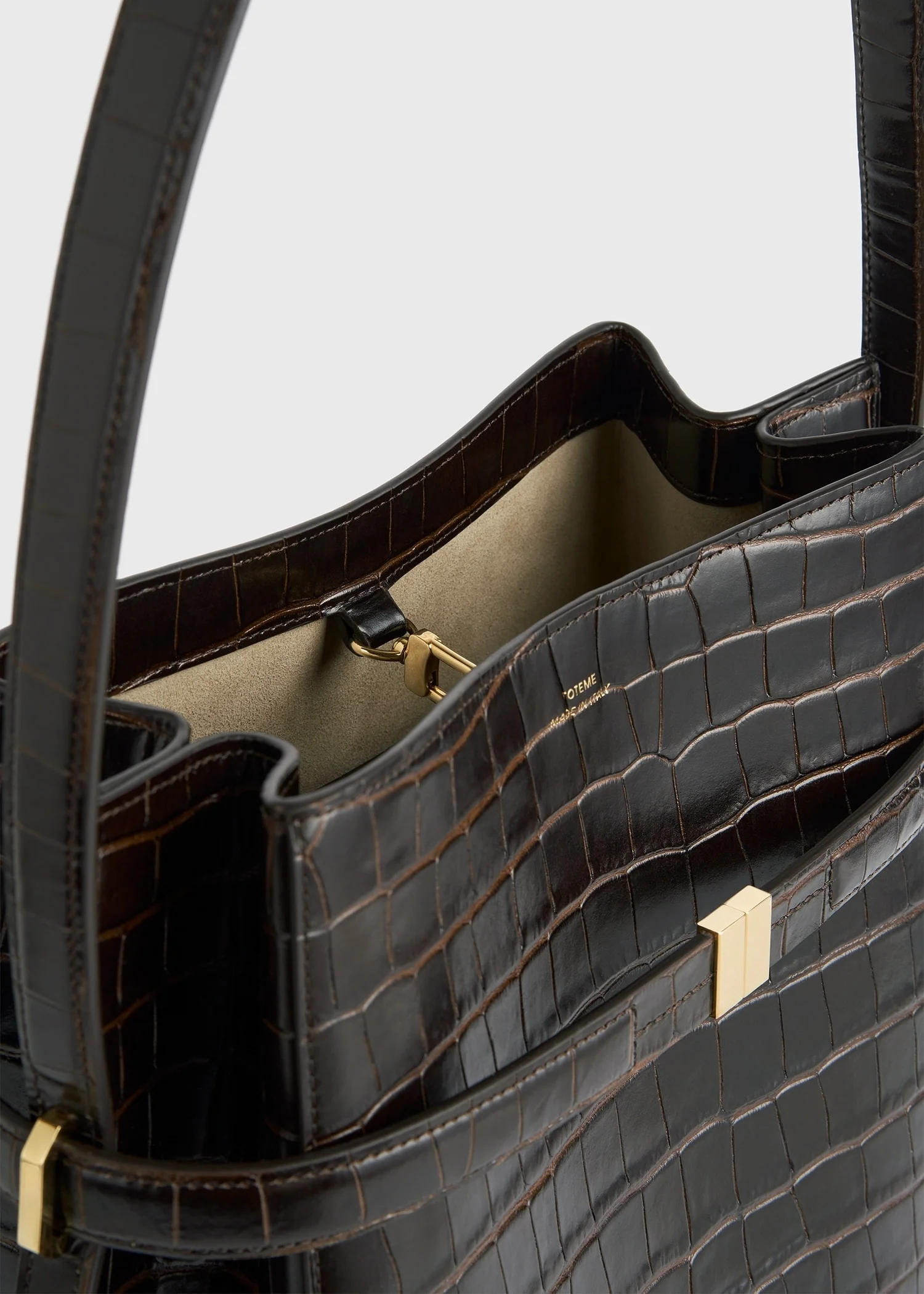 Belted croco-embossed bucket bag dark brown - Image 6