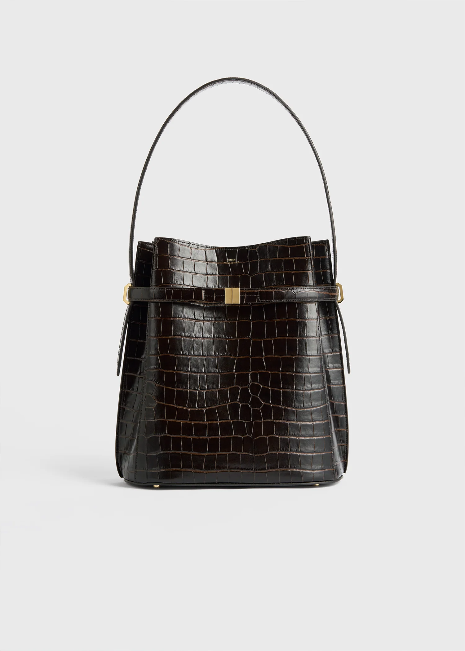 Belted croco-embossed bucket bag dark brown - Image 8