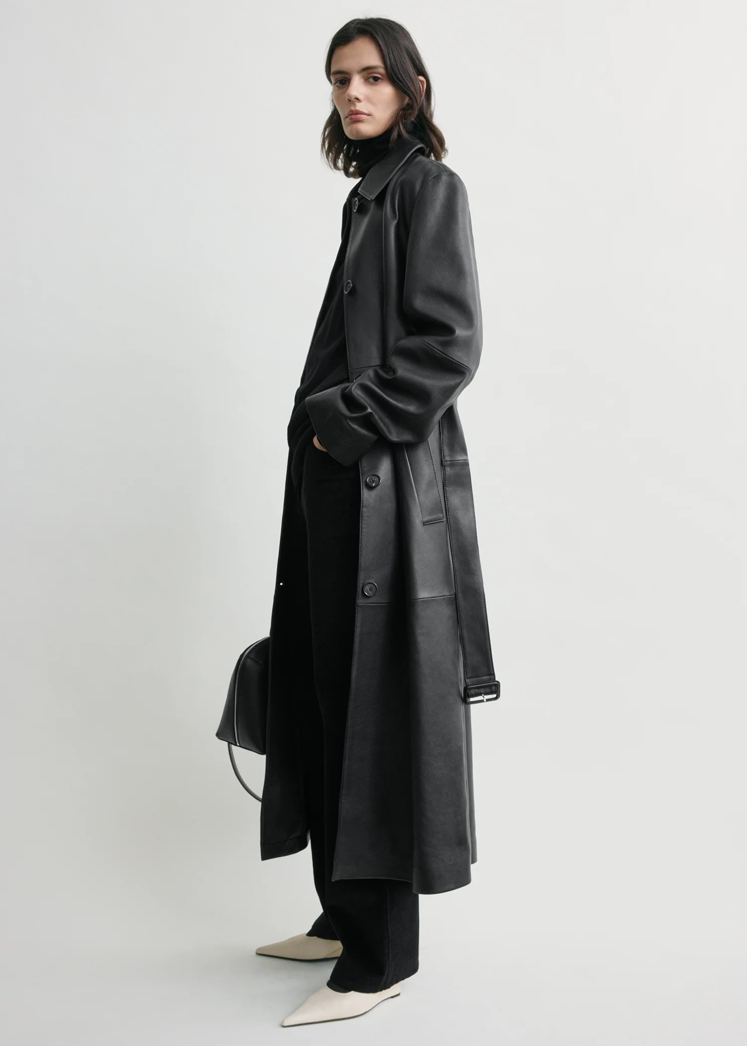 Belted leather coat black - Image 2