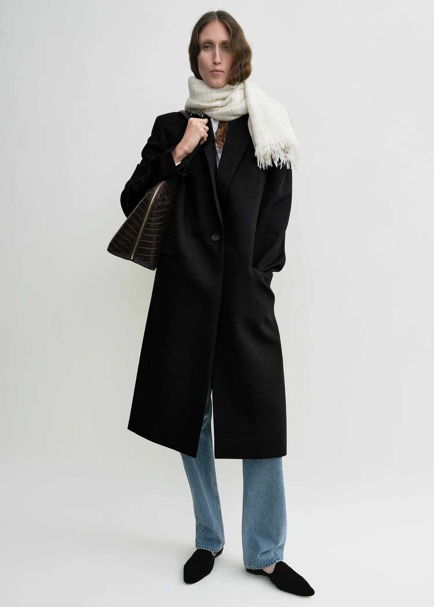 Checked light wool scarf ecru/black - Image 3
