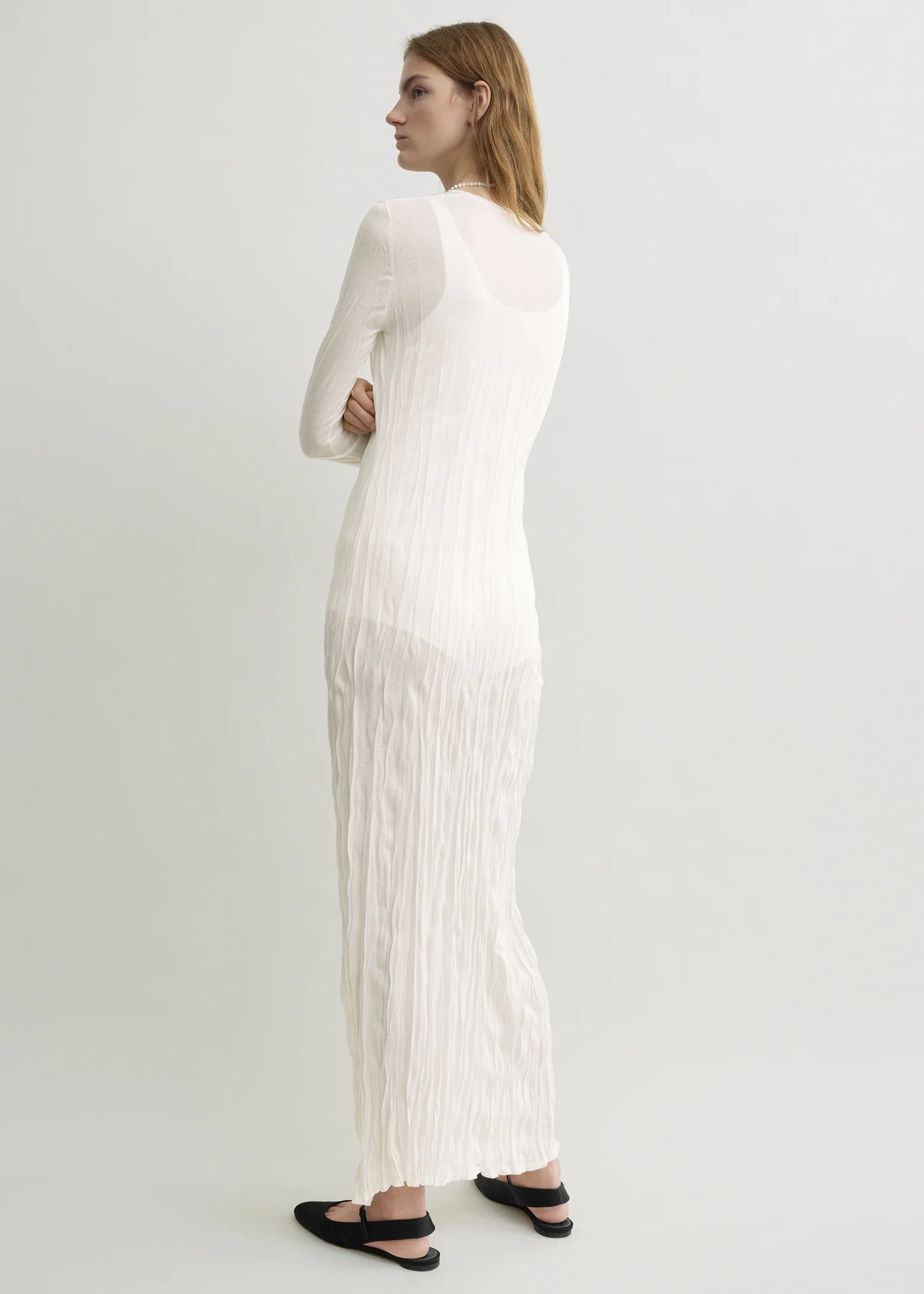 Crinkled knit long-sleeve dress white - Image 3
