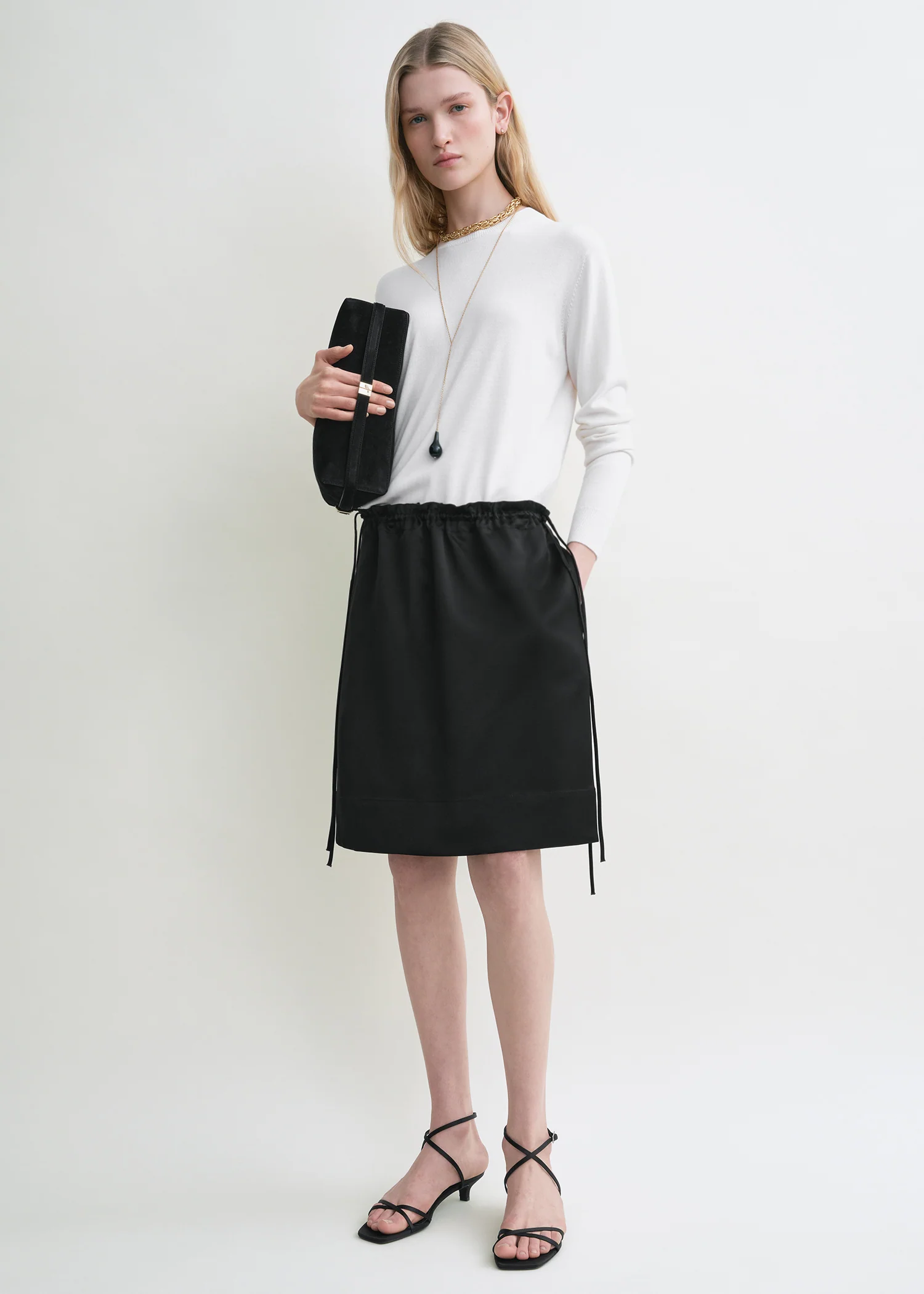 Drawstring satin mini skirt black