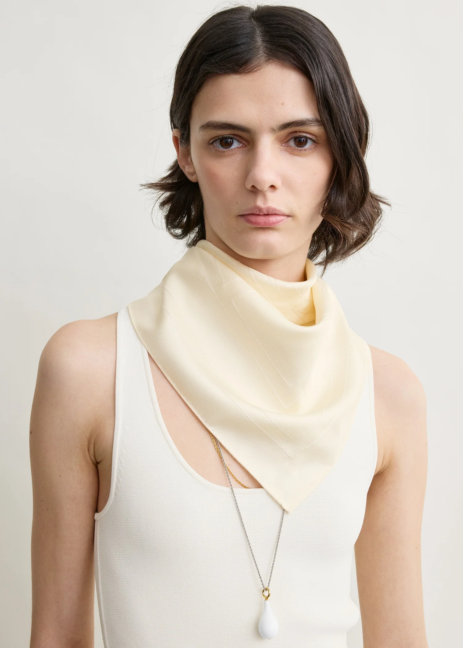 Embroidered monogram silk scarf cream - Image 3