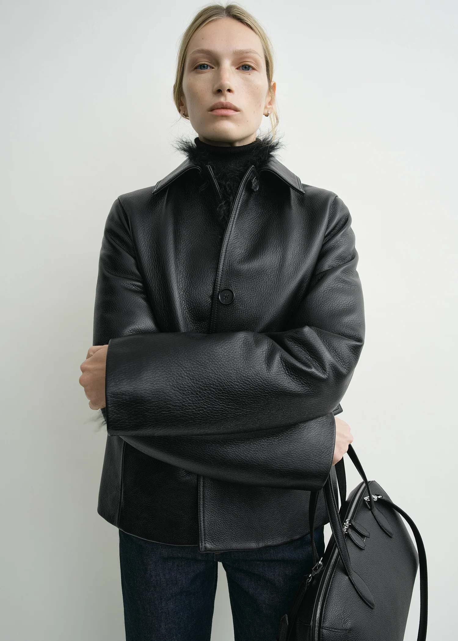 Grained leather jacket black - Image 4