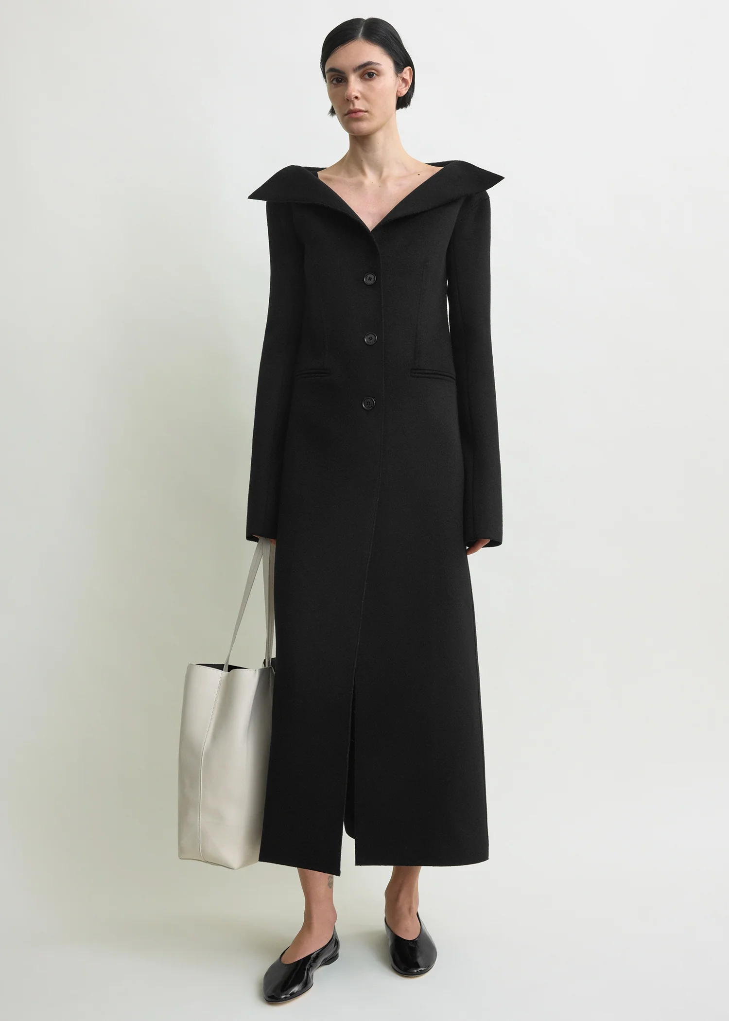 Open collar wool coat black - Image 5