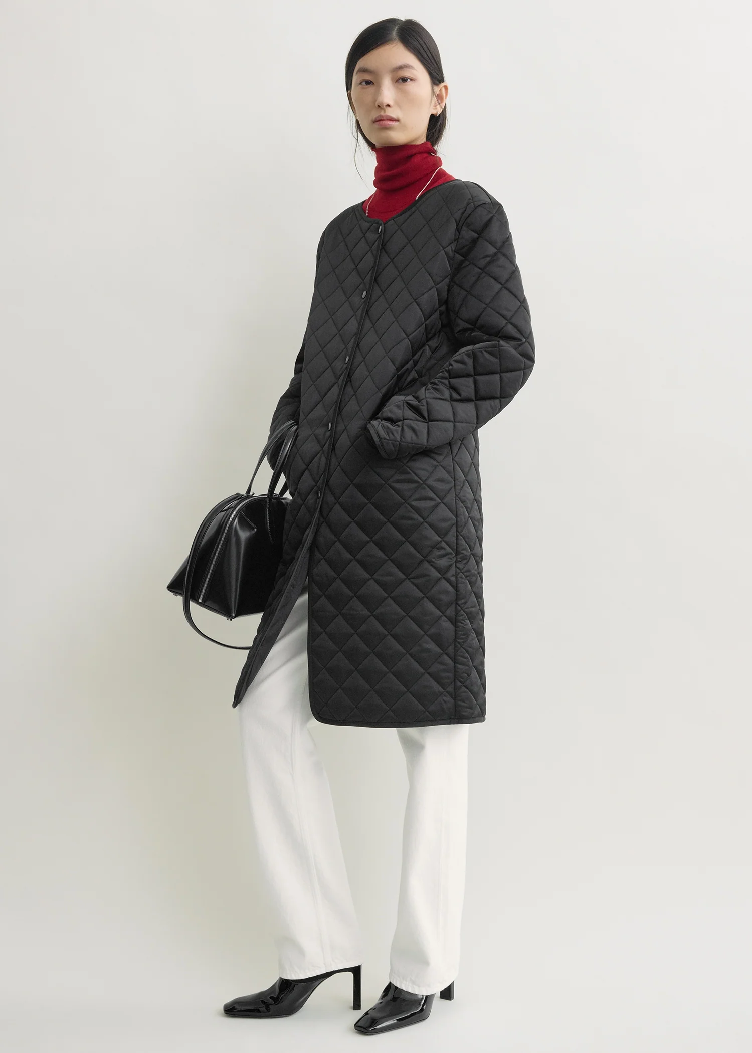 Quilted collarless coat black - Image 2