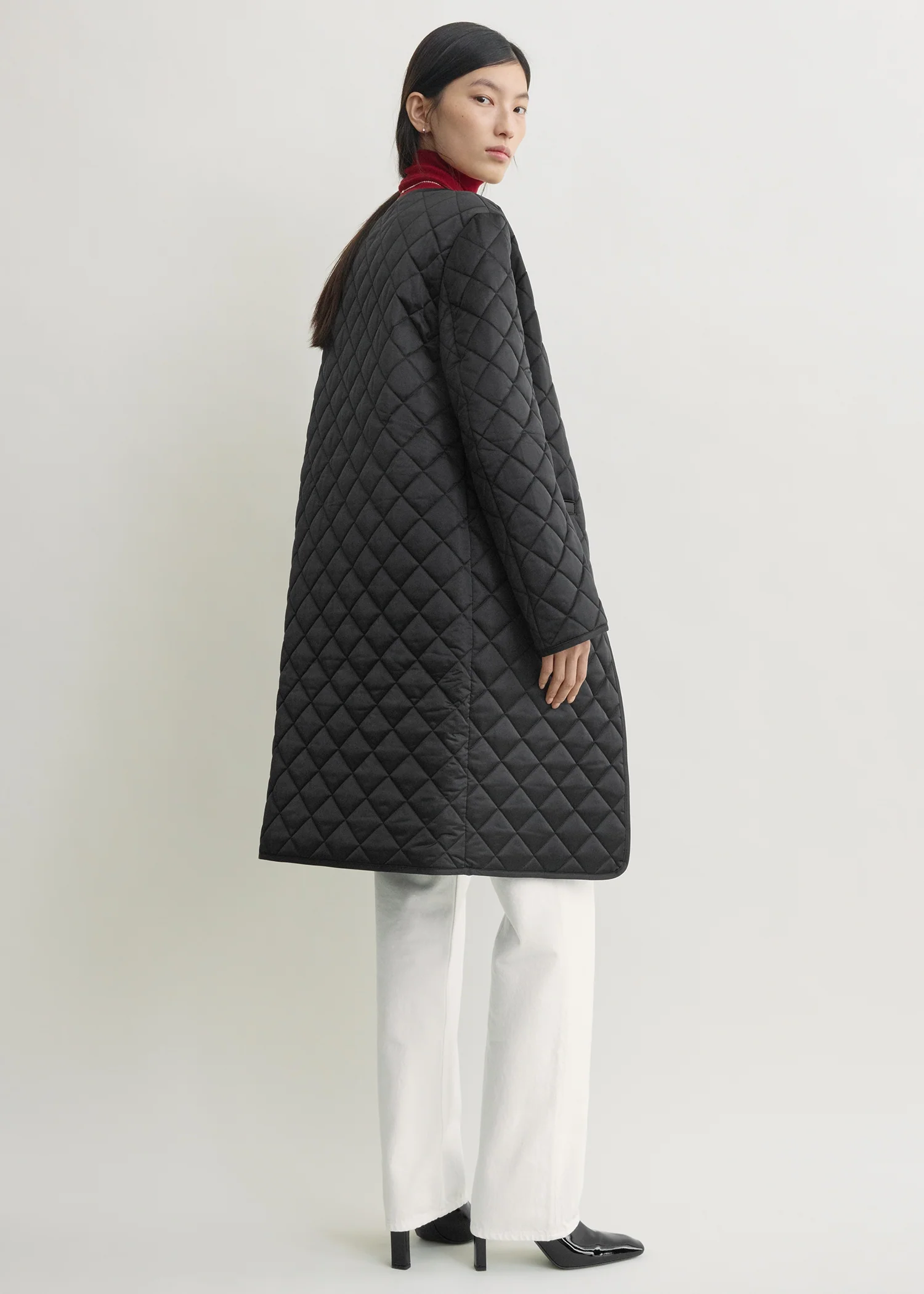 Quilted collarless coat black - Image 3
