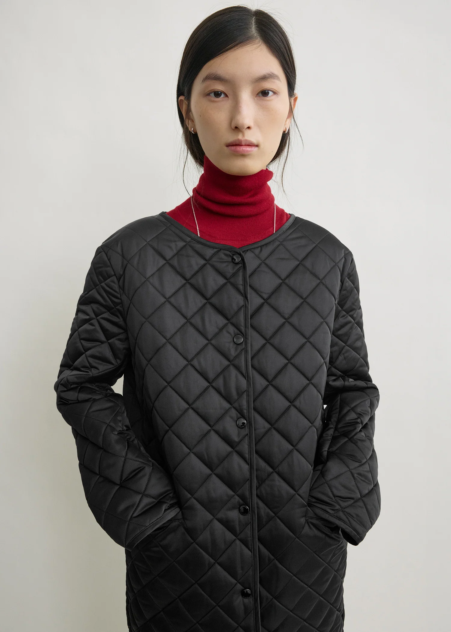 Quilted collarless coat black - Image 4