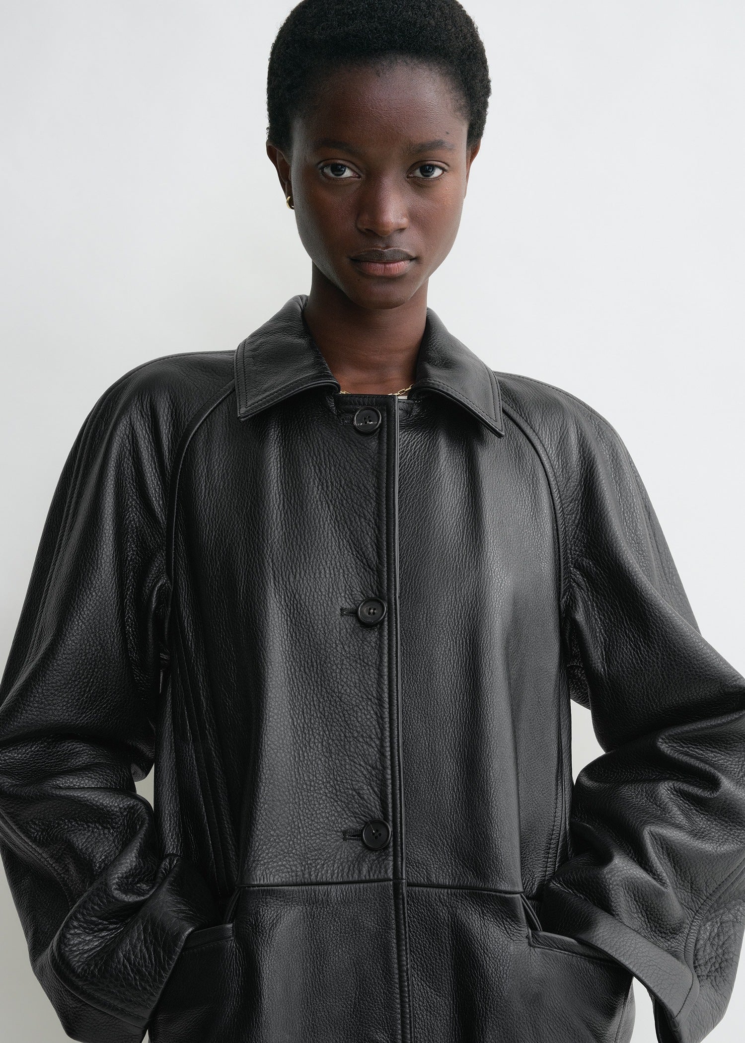 Raglan-sleeve leather coat black - Image 4