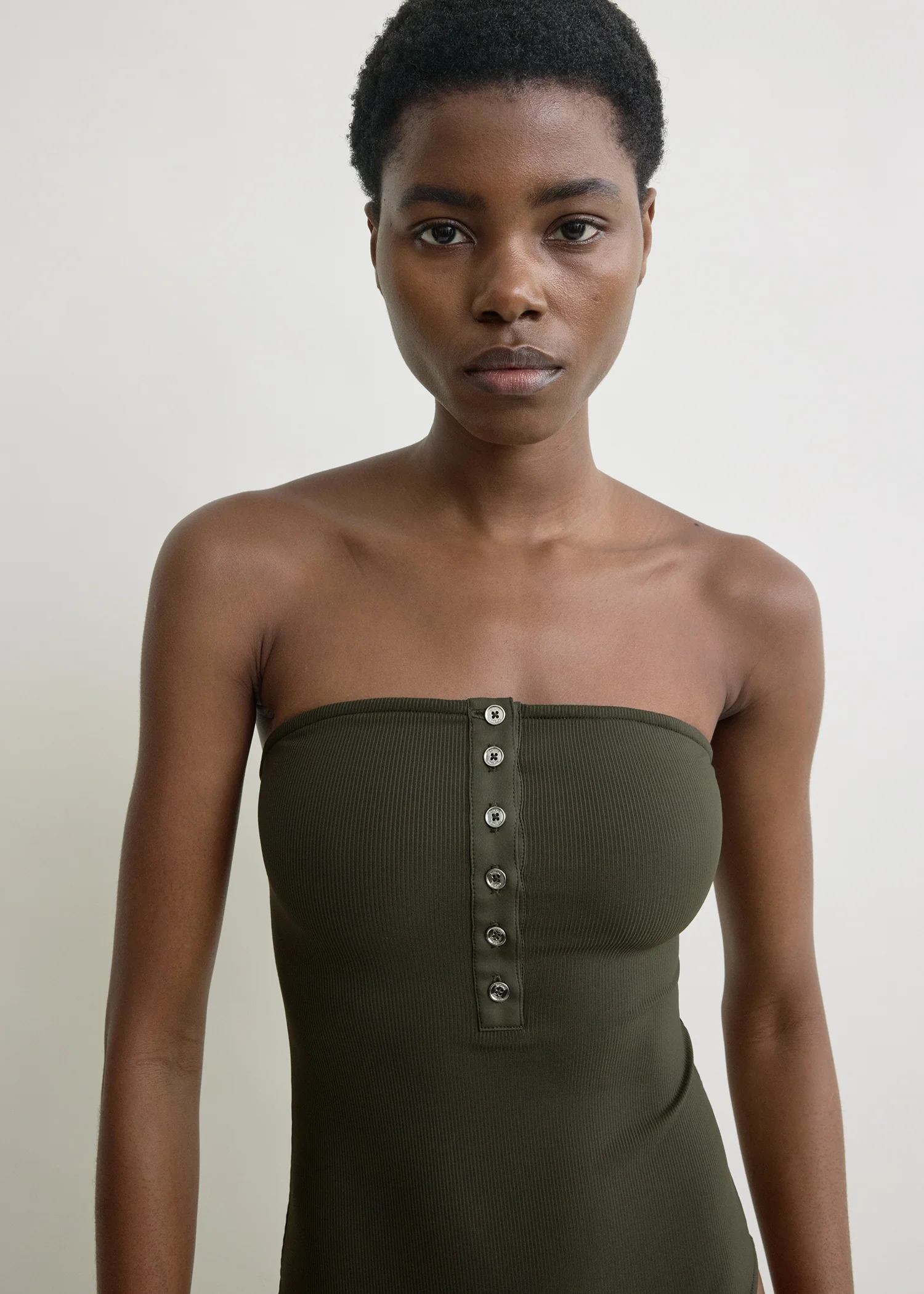 Ribbed strapless swimsuit dark green - Image 4