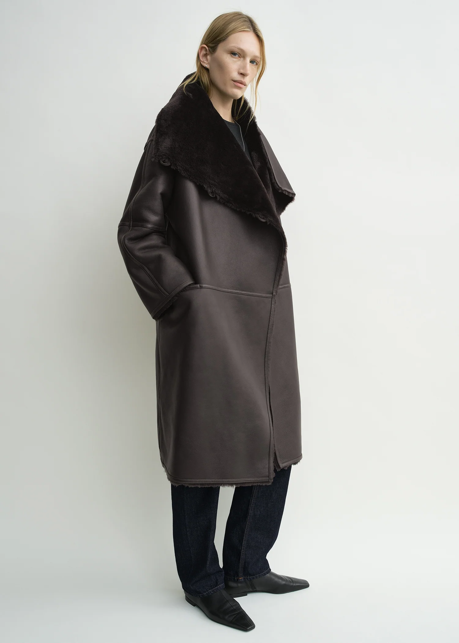 Shearling wrap coat dark brown petite - Image 2