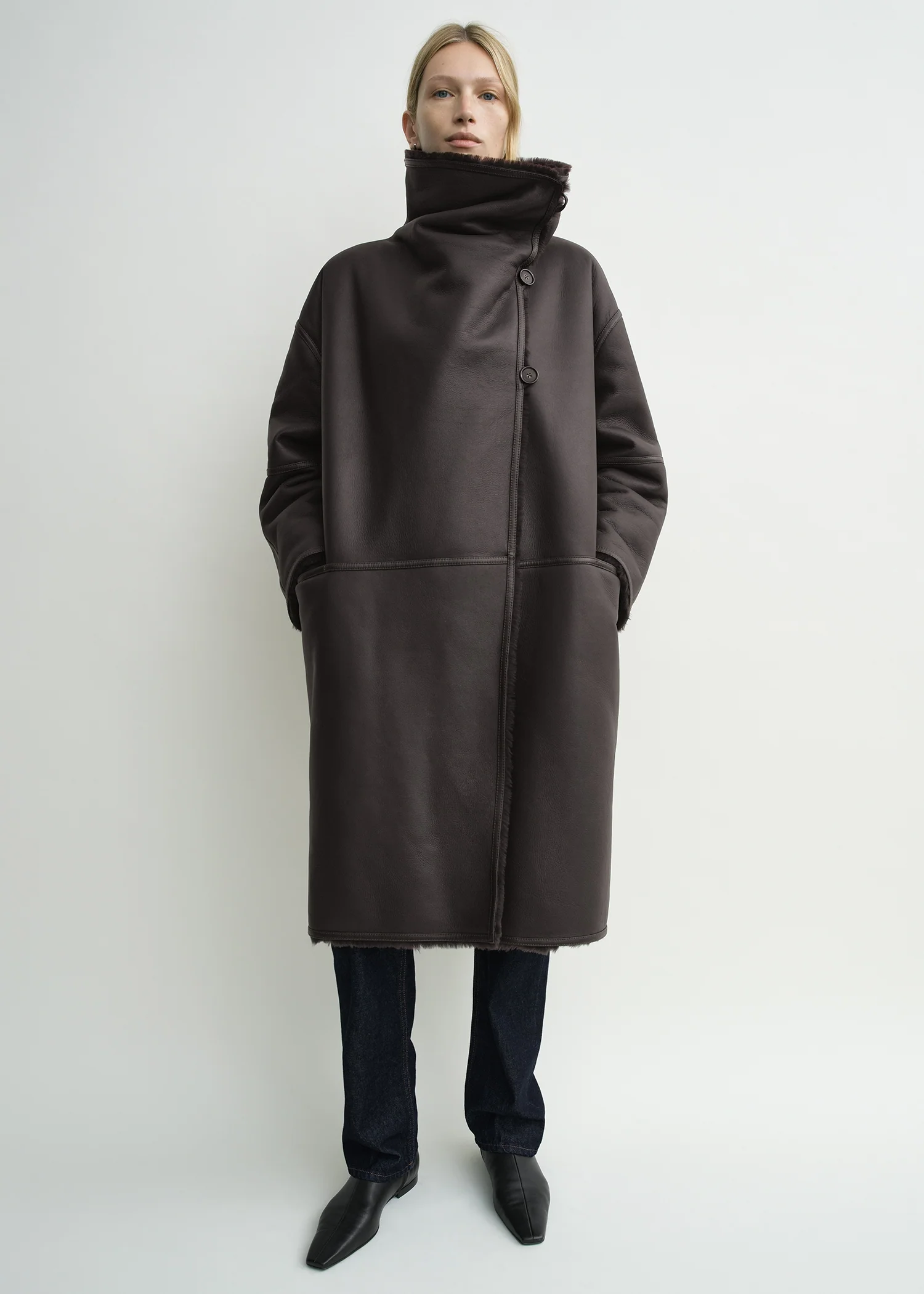 Shearling wrap coat dark brown petite - Image 5
