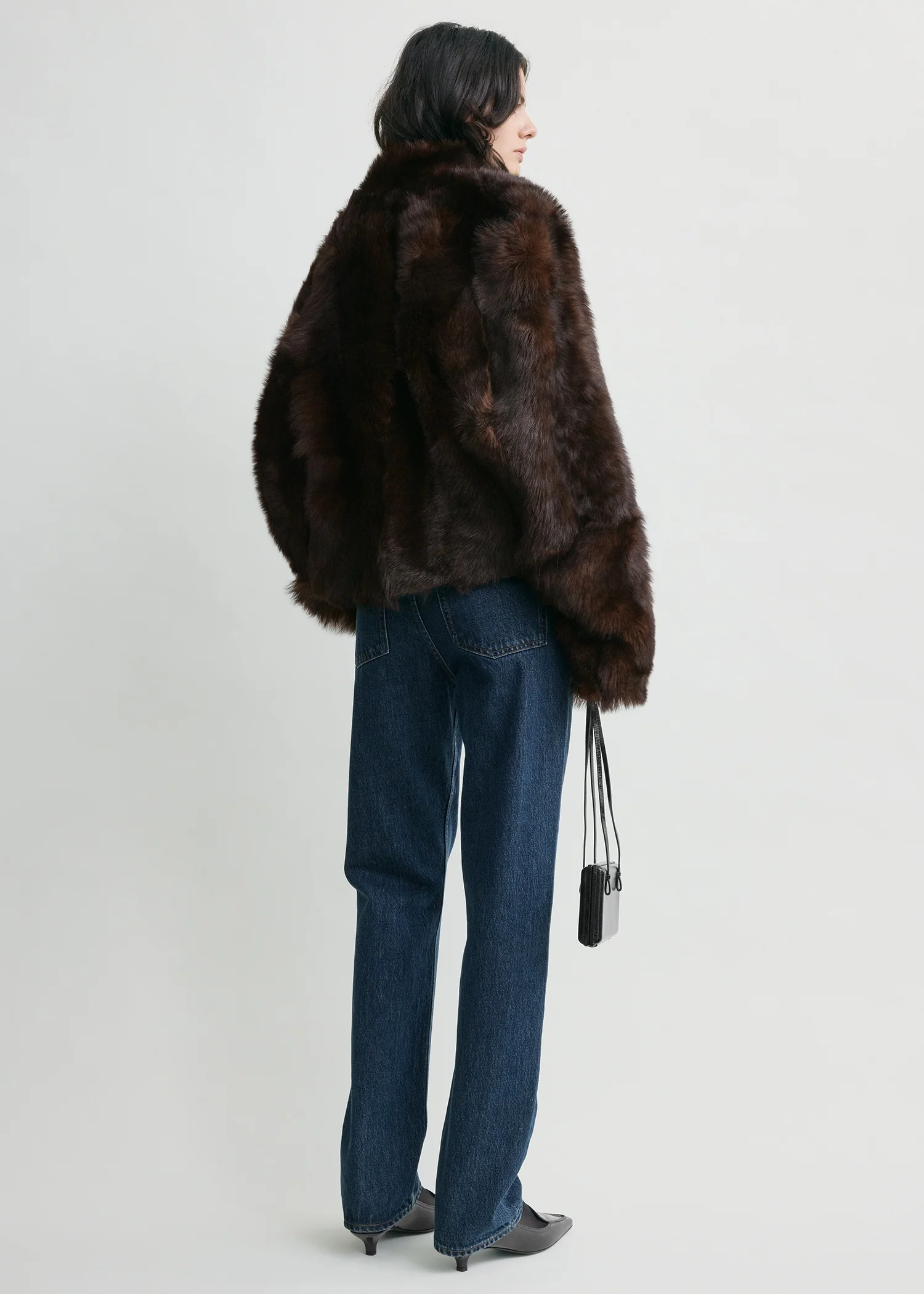 Silky shearling jacket dark brown - Image 3