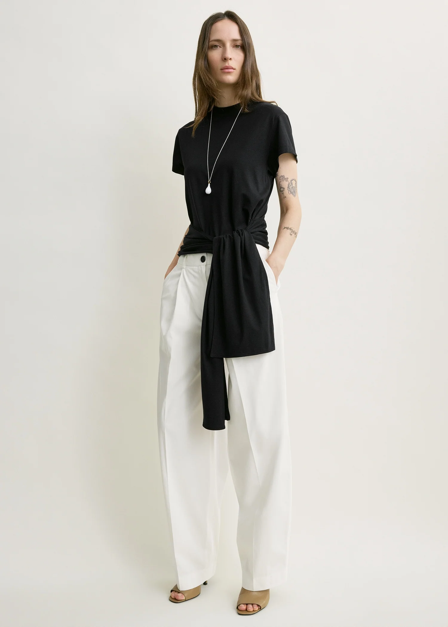 Single pleat cotton trousers white petite