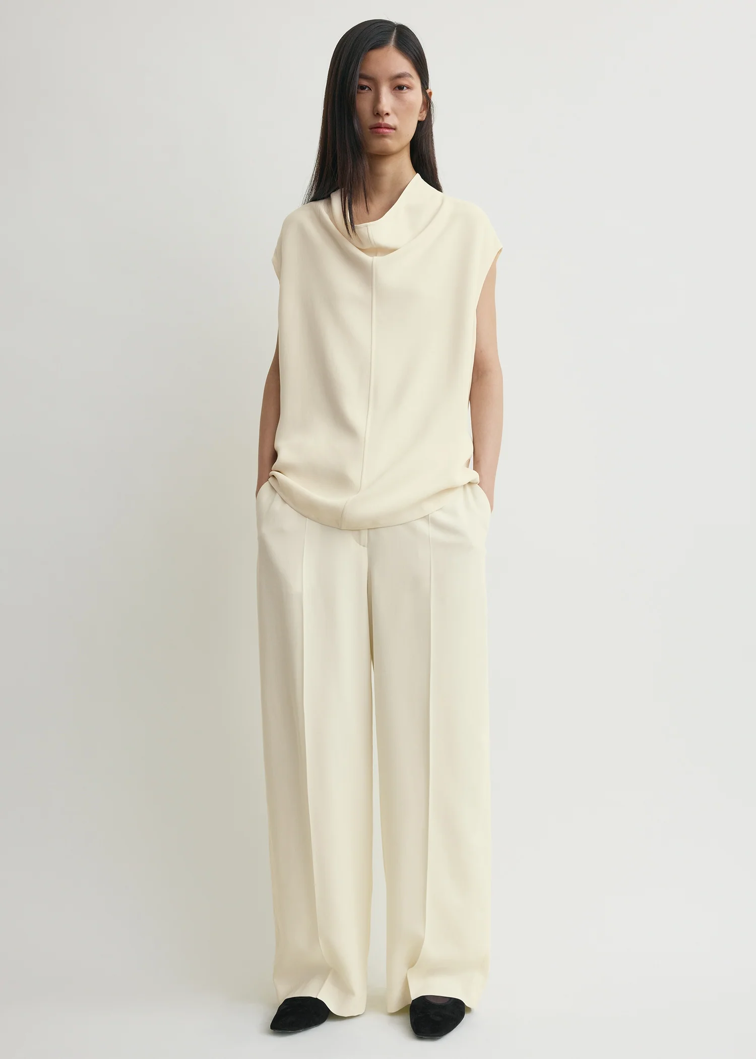 Sleeveless cady funnel-neck top ecru