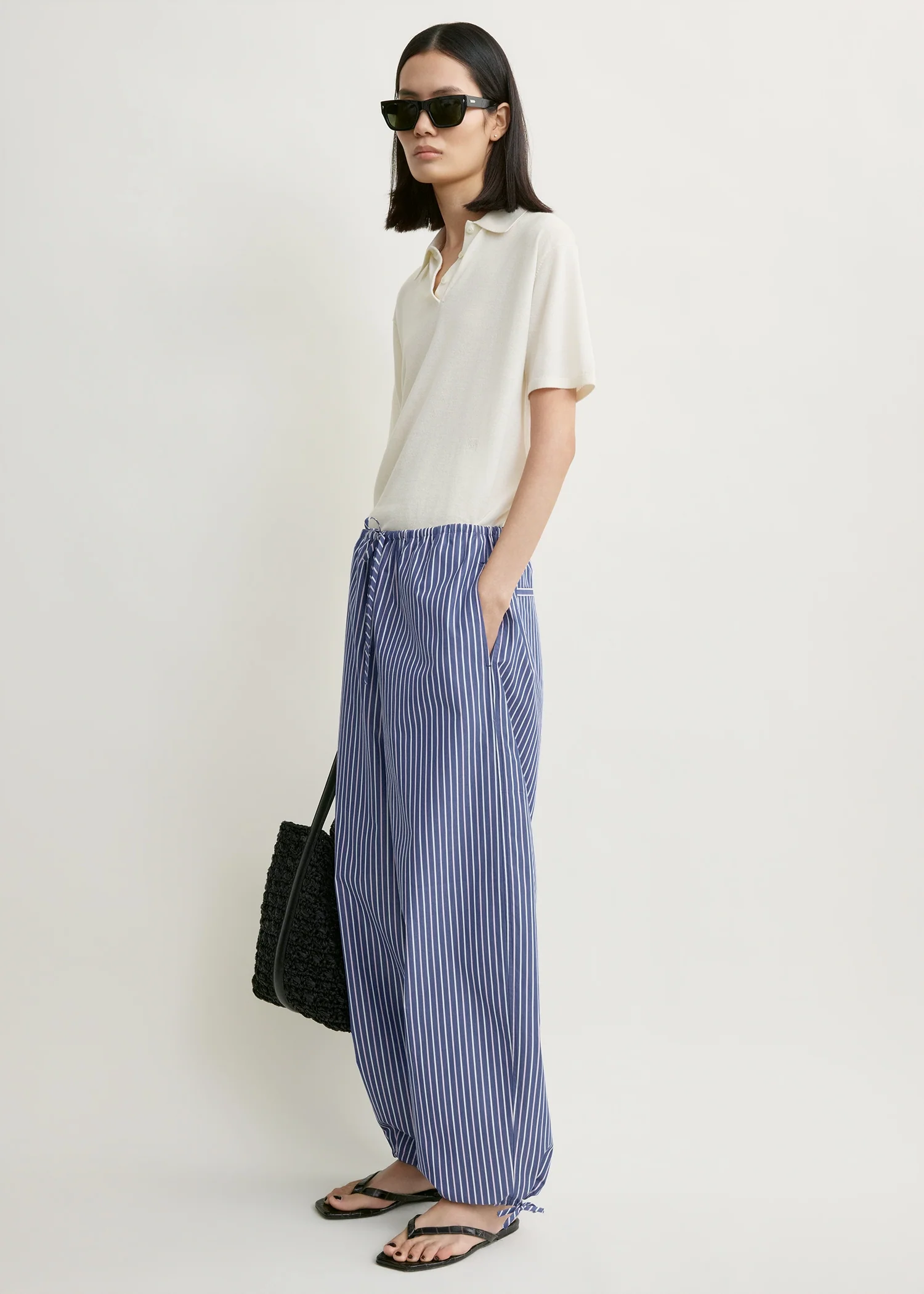 Striped drawstring cotton trousers ink blue/pink stripe - Image 2