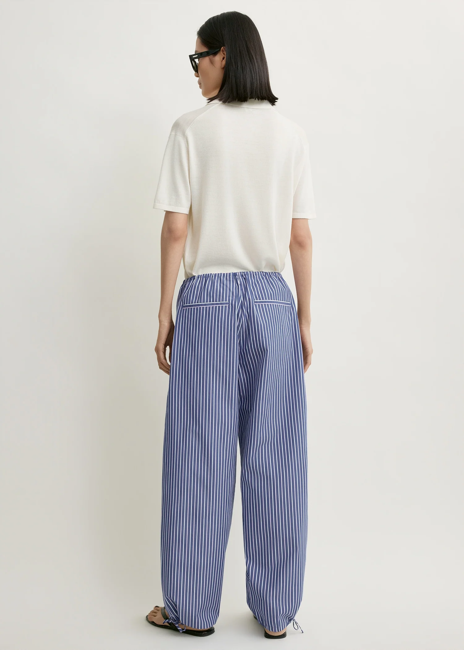 Striped drawstring cotton trousers ink blue/pink stripe - Image 3