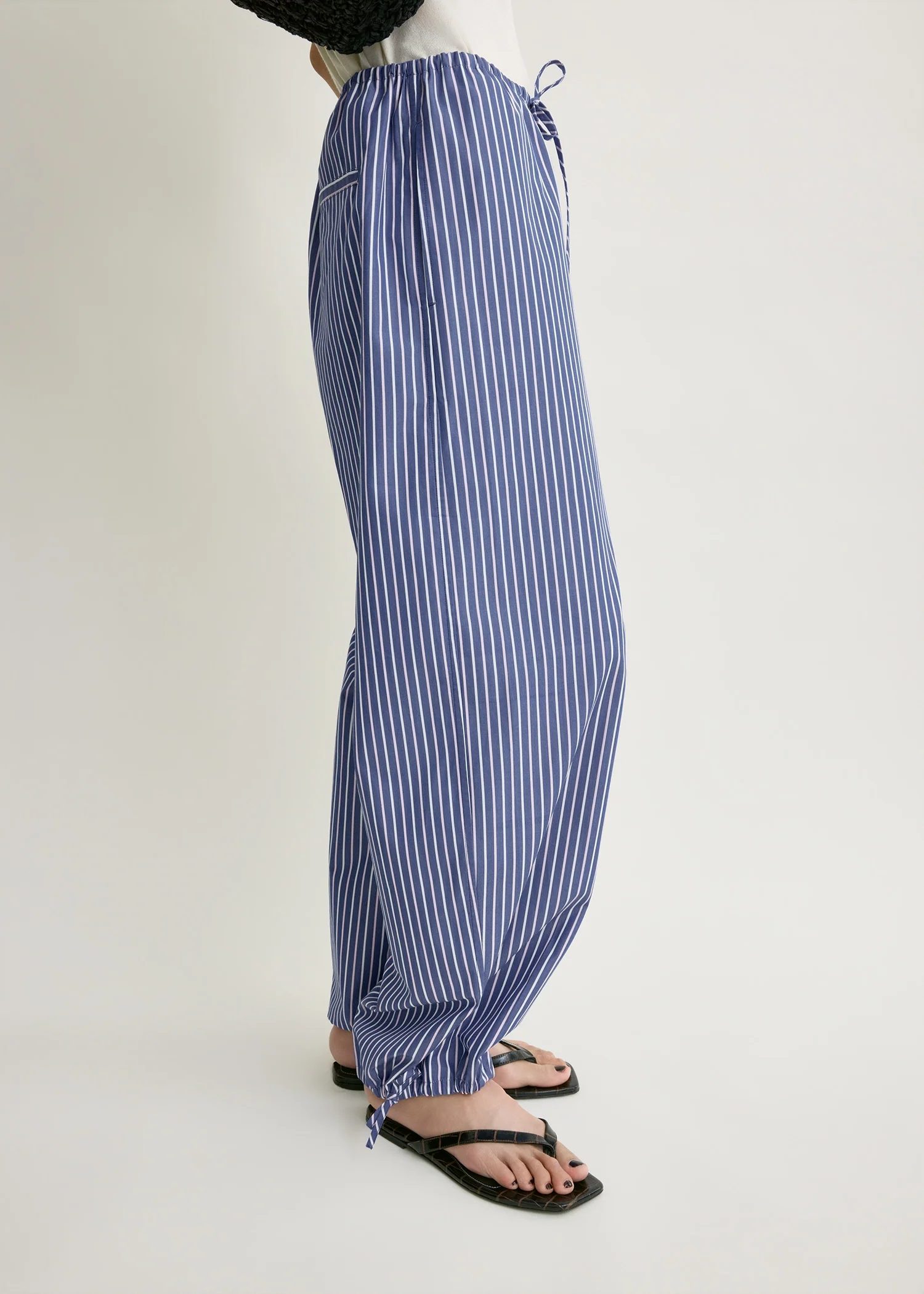 Striped drawstring cotton trousers ink blue/pink stripe - Image 4