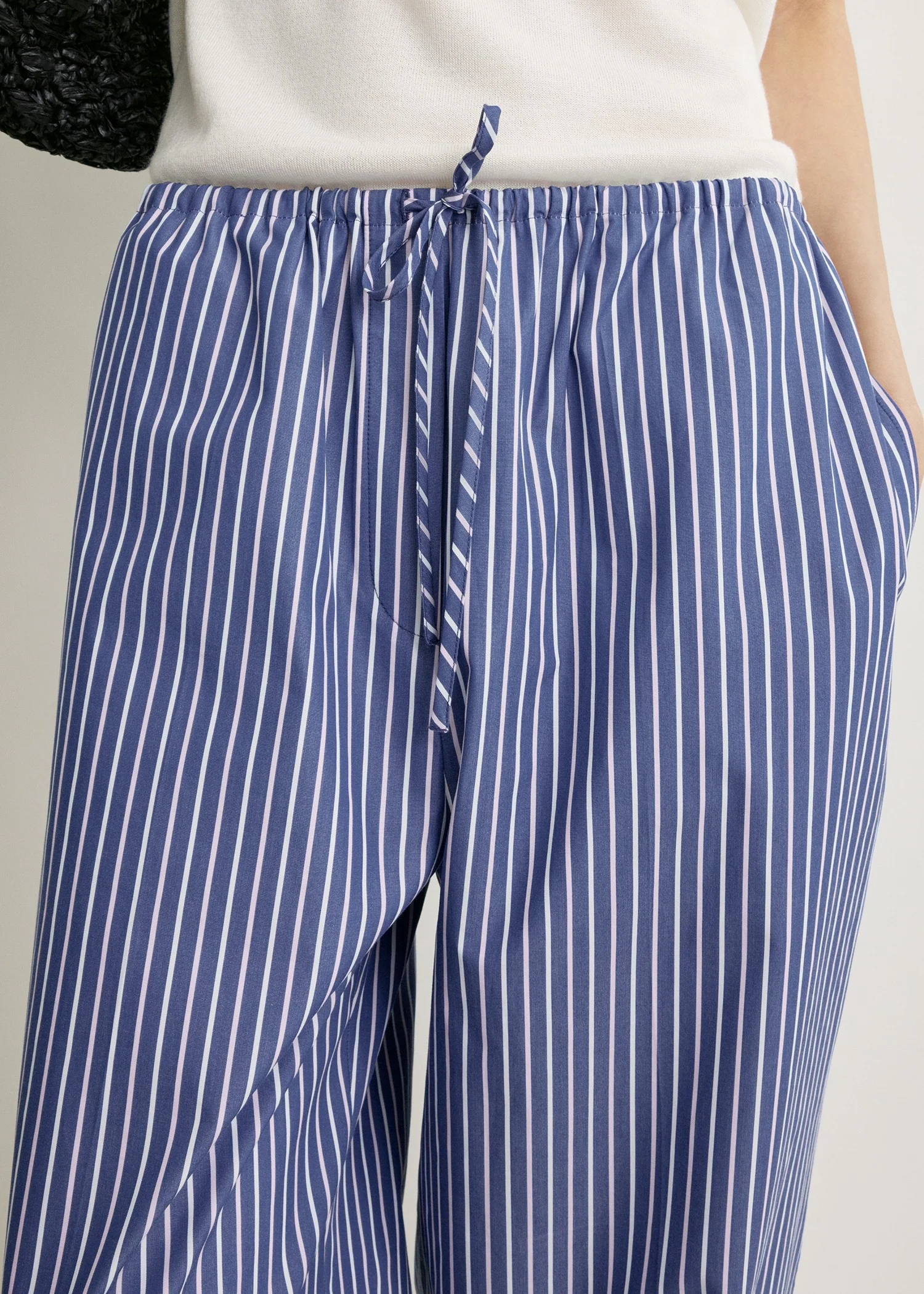 Striped drawstring cotton trousers ink blue/pink stripe - Image 5