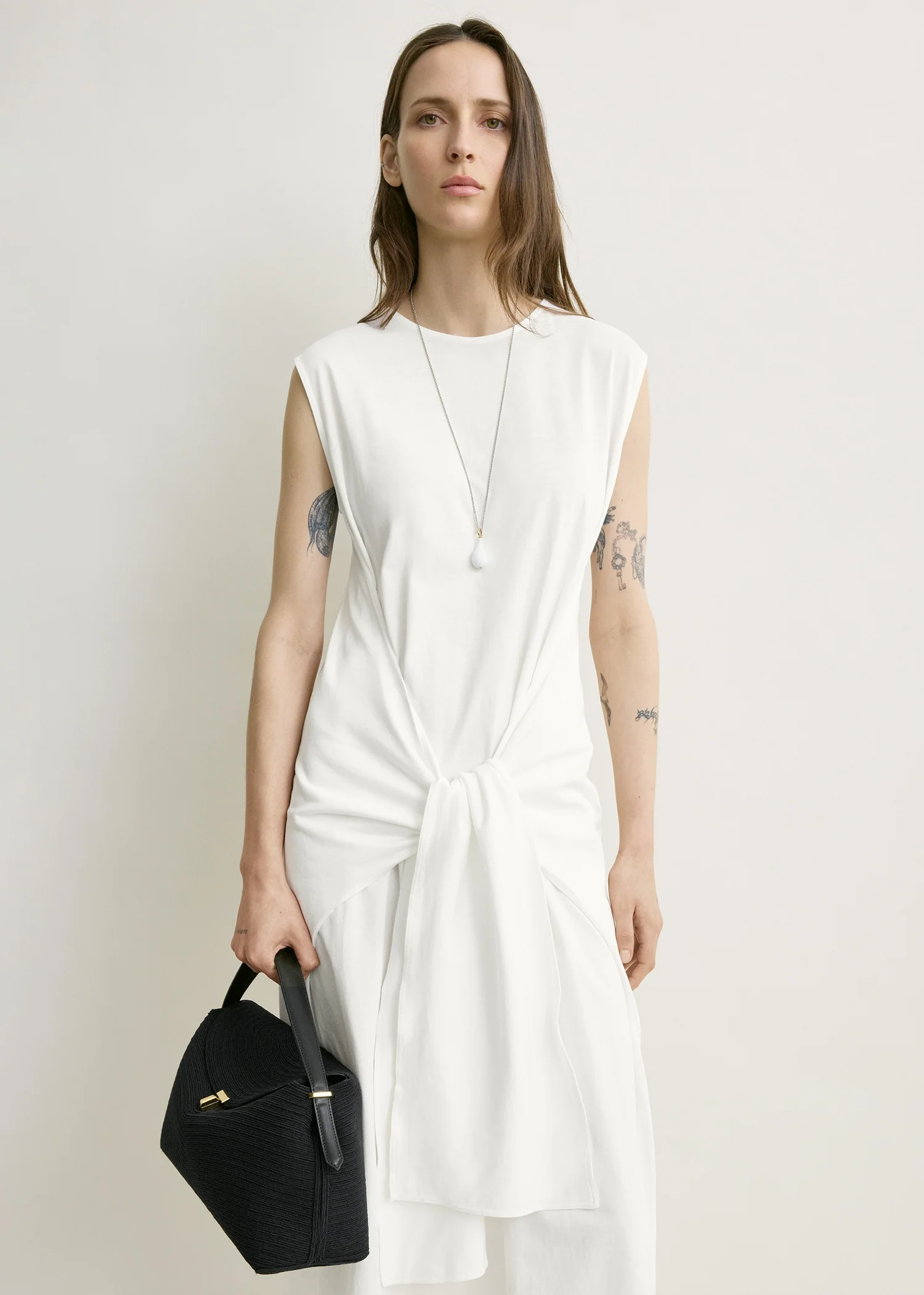 Tie-waist jersey dress off-white - Image 4