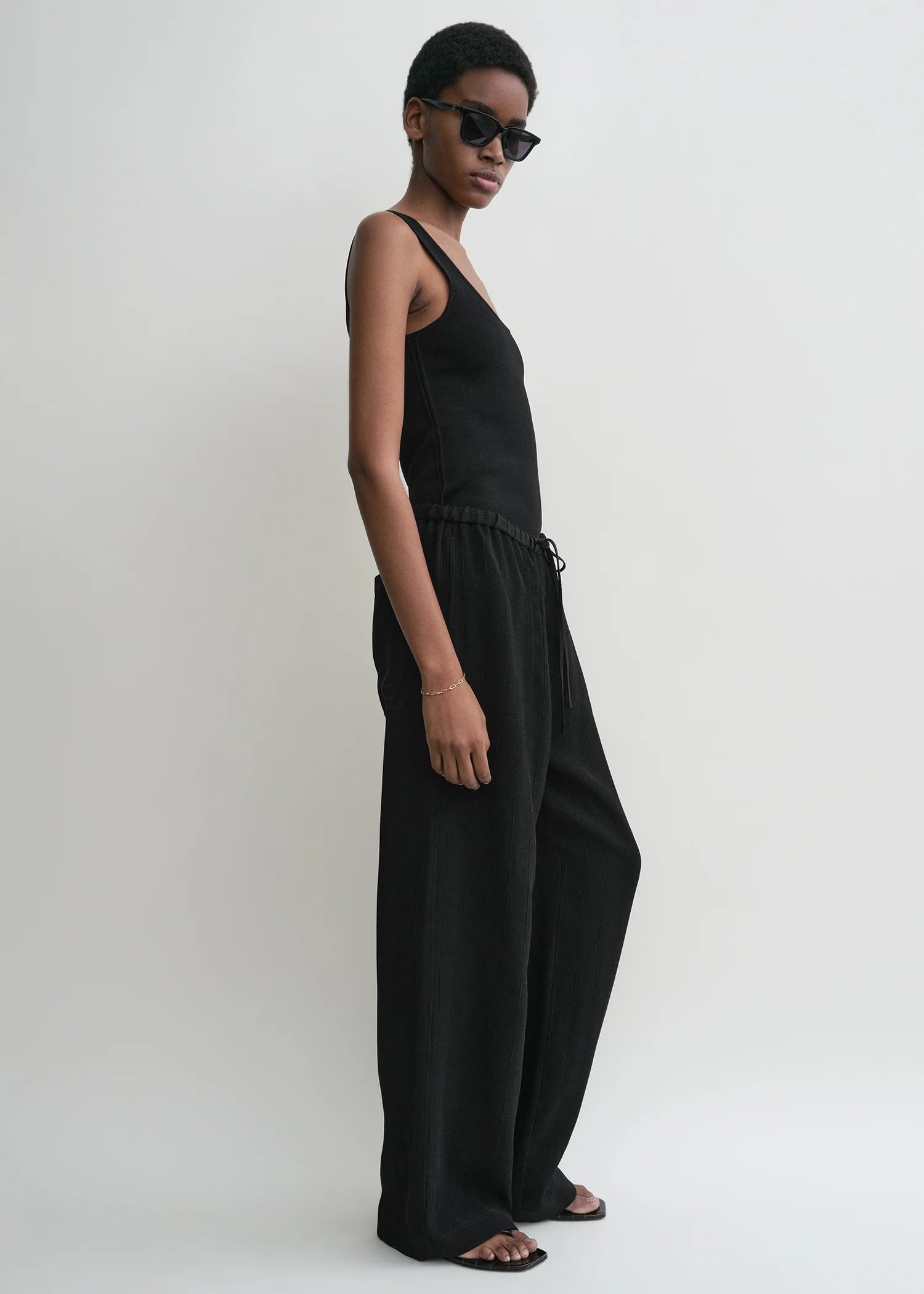 Woven stripe drawstring trousers black - Image 2